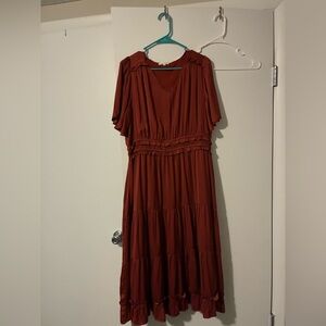 Rust Red Tiered V-Neck Dress